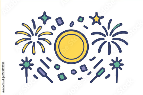Colorful celebratory design with fireworks bursts, sparklers, confetti, and a central golden coin shape