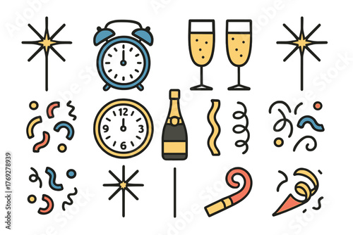 New Year celebration elements including clocks, champagne, glasses, sparklers, and confetti