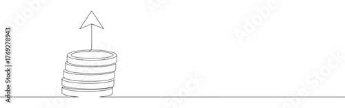 continuous single-line drawing of stacked coins with an upward arrow, symbolizing financial growth and investment on a white background.