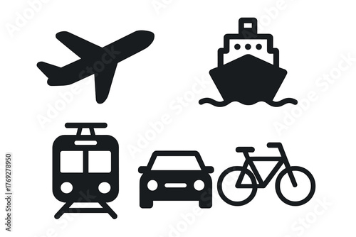 Essential travel and transportation modes including airplane, ship, train, car, and bicycle
