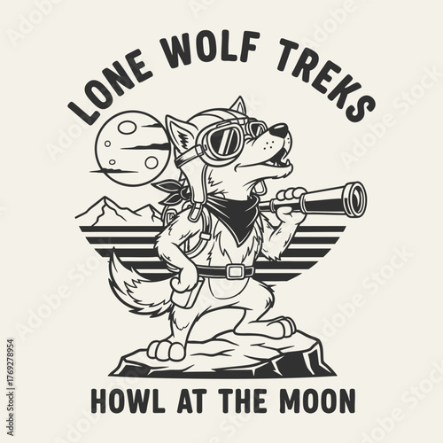 Vintage cartoon wolf adventurer with a telescope and goggles.