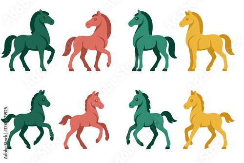 Colorful stylized horses and foals standing and walking in various poses