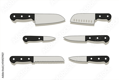 Professional set of six kitchen knives including chef santoku utility and bread knives