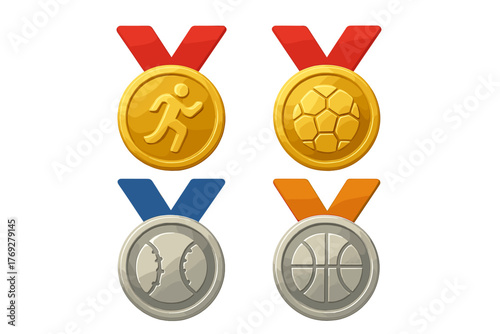 Set of shiny gold and silver sports medals with ribbons for running soccer baseball and basketball