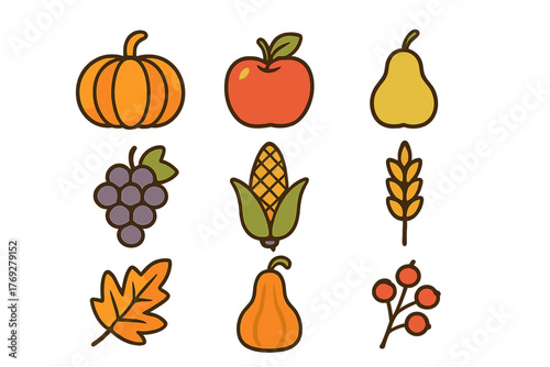 Colorful autumn harvest symbols set featuring pumpkin, apple, corn, grapes, and fall leaf