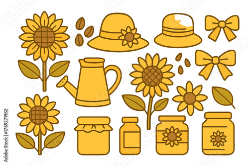 Sunflower harvest objects set with seeds, watering can, sun hats, and jars