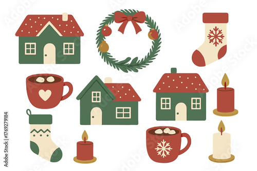 Festive winter holiday set featuring small houses, warm drinks, burning candles, stockings, and a Christmas wreath