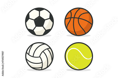 Popular sports balls set including soccer, basketball, volleyball, and tennis equipment