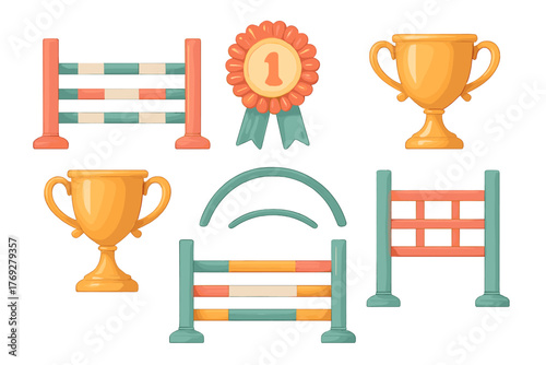 Equestrian show jumping obstacles, golden winner trophies, and first place award ribbon
