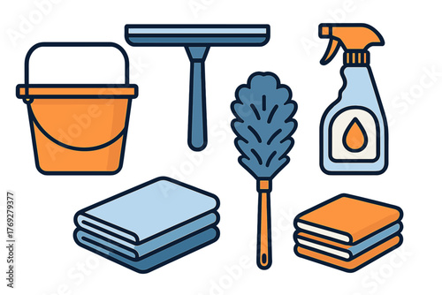 Essential household cleaning supplies set including bucket squeegee duster spray bottle and folded towels