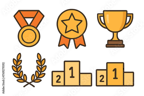 Set of gold awards including winner's medal, trophy cup, laurel wreath, and podium icons