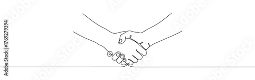 Minimalist continuous line art of a handshake, symbolizing partnership, agreement, and cooperation.