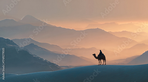 Camel journey at dusk in desert mountains scenic landscape photography tranquil environment wide angle view