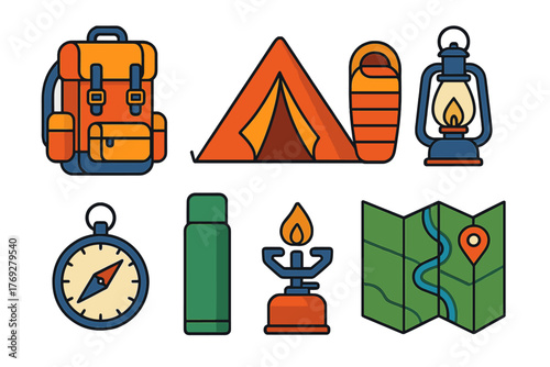 Colorful set of camping and hiking gear including backpack tent sleeping bag and map