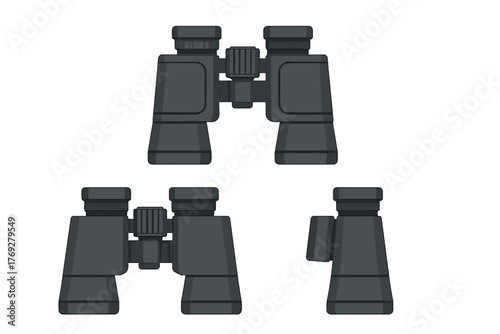 Three separate views of dark gray binoculars for hiking, birdwatching, and outdoor adventure
