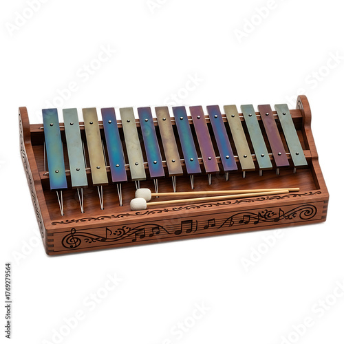 A wooden xylophone with iridescent metal bars and two mallets, featuring etched musical notes on the frame, set against black