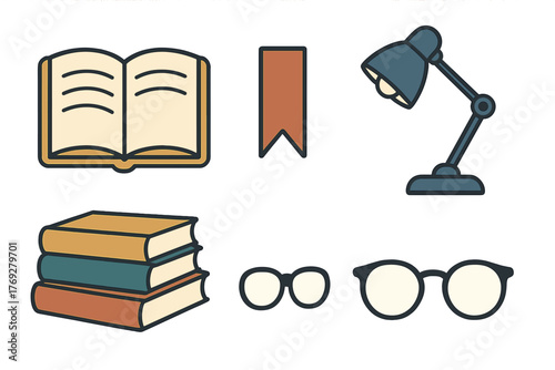 Set of essential study and reading objects: books, eyeglasses, desk lamp, and bookmark