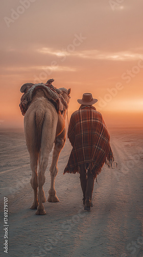 Camel trekking at sunset desert landscape photography serene environment rear view journey of discovery