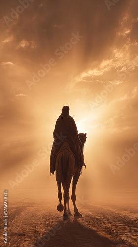 Majestic camel ride at sunset desert landscape silhouette photography serene environment captivating perspective