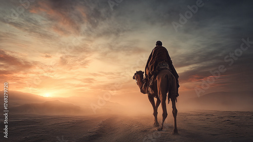Desert journey of a camel rider at sunset breathtaking landscape serene environment wide-angle view