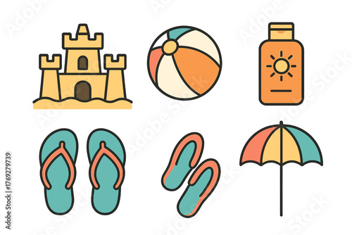 Colorful summer vacation and beach holiday items including sandcastle, ball, sunscreen, and flip-flops