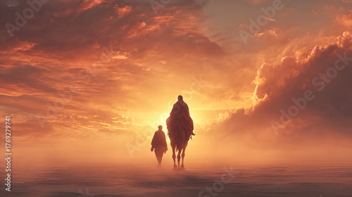 Epic journey of two figures on horseback at sunset serene landscape digital art fantasy cinematic view