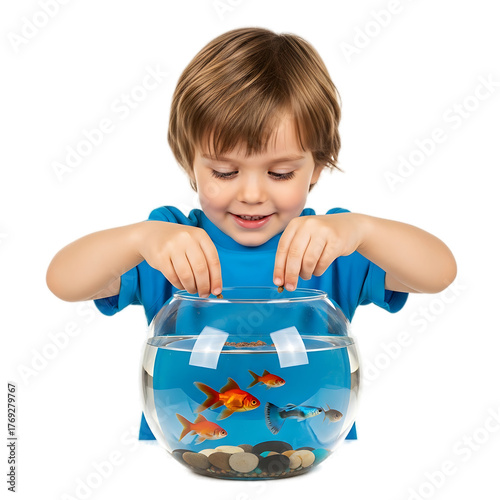 A young boy smiles while feeding golden fish in a clear glass bowl, showcasing playful interaction and curiosity