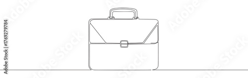 continuous single-line drawing of a classic briefcase, representing business, travel, and professionalism on a clean white background.