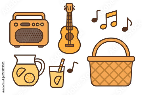 Picnic and music leisure icons featuring radio, guitar, basket, and lemonade pitcher