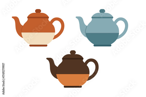 Set of three colorful stylized ceramic teapots for serving hot beverages