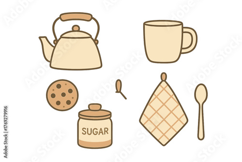 Minimalist kitchenware collection with kettle mug sugar jar cookie and spoon