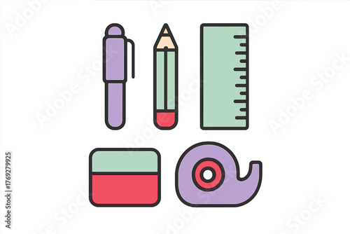 Essential school and office stationery set with pen pencil ruler and eraser
