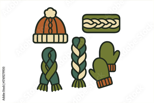 Cozy knitted winter accessories collection including hat, scarves, and mittens