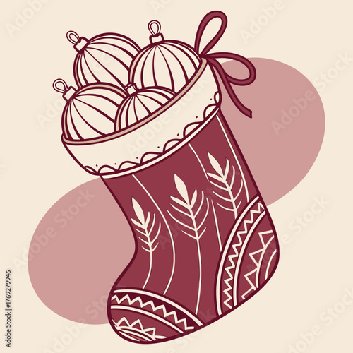 A charming christmas stocking overflowing with striped ornaments, tied with a ribbon, set against a soft, rosy backdrop, evoking the warmth and joy of the holiday season with festive cheer