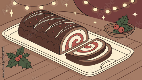A delectable chocolate yule log cake, adorned with festive holly and berries, sits gracefully on a platter, illuminated by the warm glow of string lights, evoking the cozy spirit of christmas
