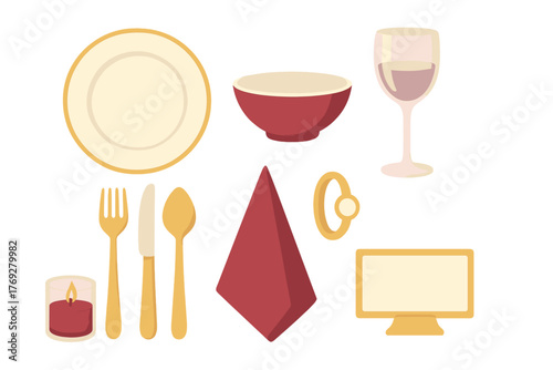 Elegant dinner table setting elements including plate, bowl, silverware, wine glass, candle, and engagement ring