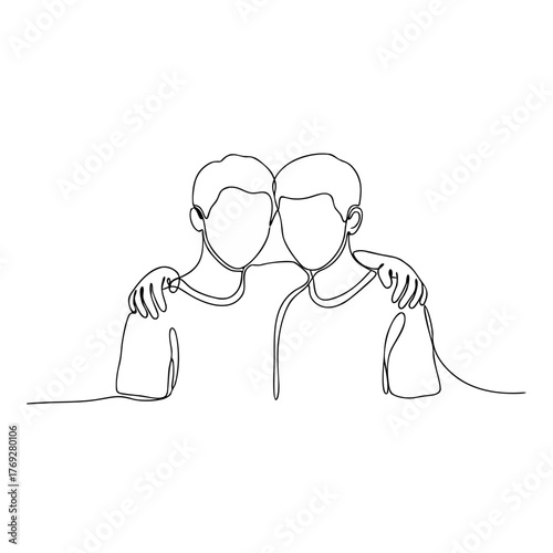 Two friends embracing with arms around each other's shoulders  