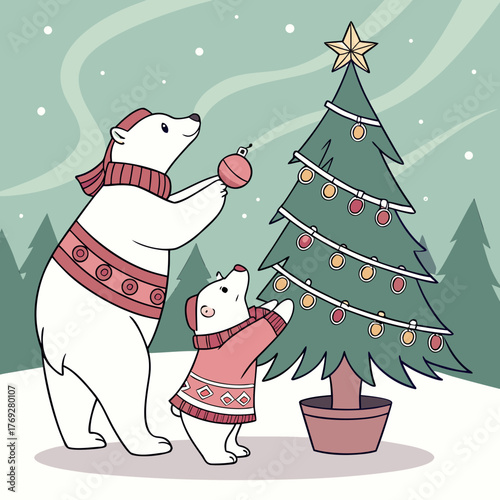 A heartwarming illustration of a polar bear family decorating a christmas tree, creating a cozy and festive winter scene under the soft glow of the aurora borealis