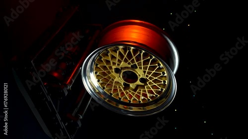 old retro stylish collapsible two-component wheels with a gold center and shiny rims for car tuning vertical video