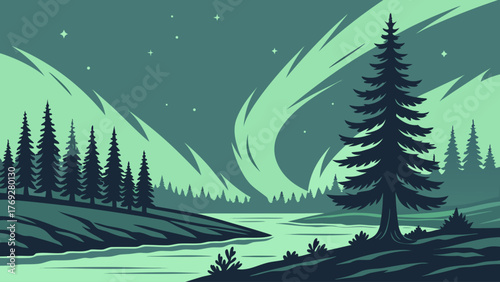 A picturesque illustration of the northern lights illuminating a calm river surrounded by a dense pine forest, creating a tranquil and scenic landscape under a starlit sky