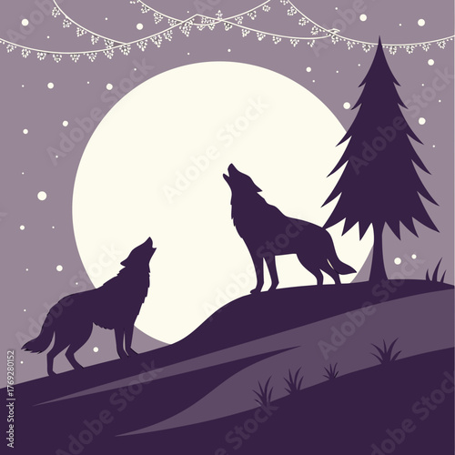 A serene illustration captures two wolves silhouetted against a large, luminous moon, set on a hill beneath a starry sky and festive bunting, evoking a sense of nocturnal wilderness and celebration