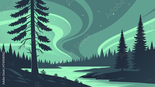 A serene illustration of the northern lights over a tranquil lake surrounded by silhouetted pine trees, creating a peaceful and magical atmosphere, showcasing the beauty of nature