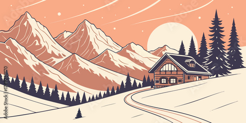 A serene winter landscape showcases a cozy cabin nestled amidst snowcovered mountains and towering pine trees, bathed in the warm glow of the setting sun