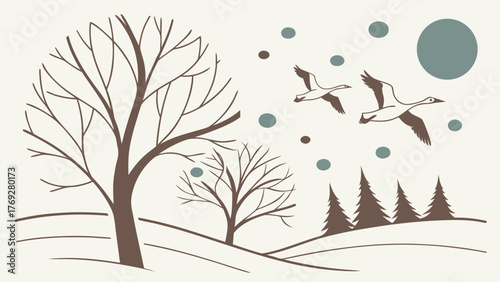 A serene winter landscape with bare trees, flying geese, and gentle snowfall, creating a peaceful and calming scene, perfect for capturing the quiet beauty of the season
