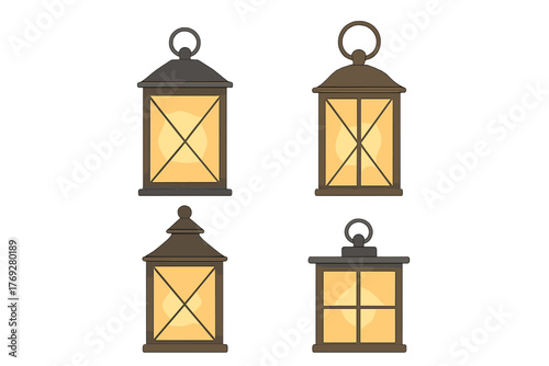 Four vintage hanging lanterns with warm glowing light isolated on white
