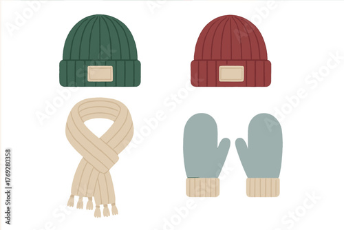 Cozy knit winter accessories set including hats, scarf, and mittens for cold weather