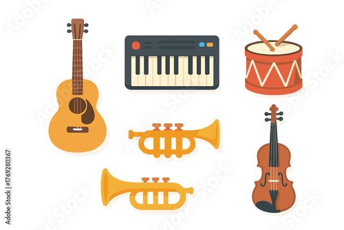 Set of various musical instruments including guitar, keyboard, drum, trumpet, and violin