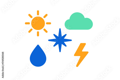 Colorful set of weather forecast symbols including sun cloud rain lightning and star