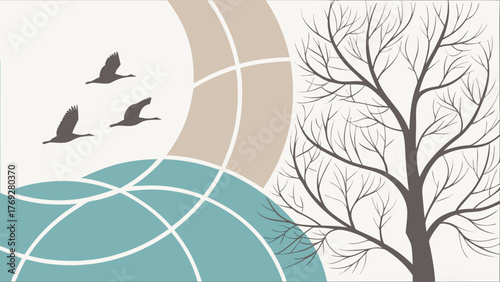 Elegant illustration featuring three birds in flight against a backdrop of abstract shapes and a bare tree, creating a serene and natureinspired design with a modern aesthetic