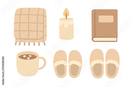 Cozy home essentials collection featuring a warm blanket, burning candle, hot drink, book, and comfortable slippers